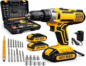 Parafusadeira Furadeira Impacto Sem Fio 2 Baterias Recarregável 48v Bivolt Velocidade Ajustavel Com Travas Mandril Resistente Amarelo-preto 127/220v Kit Maleta Completa