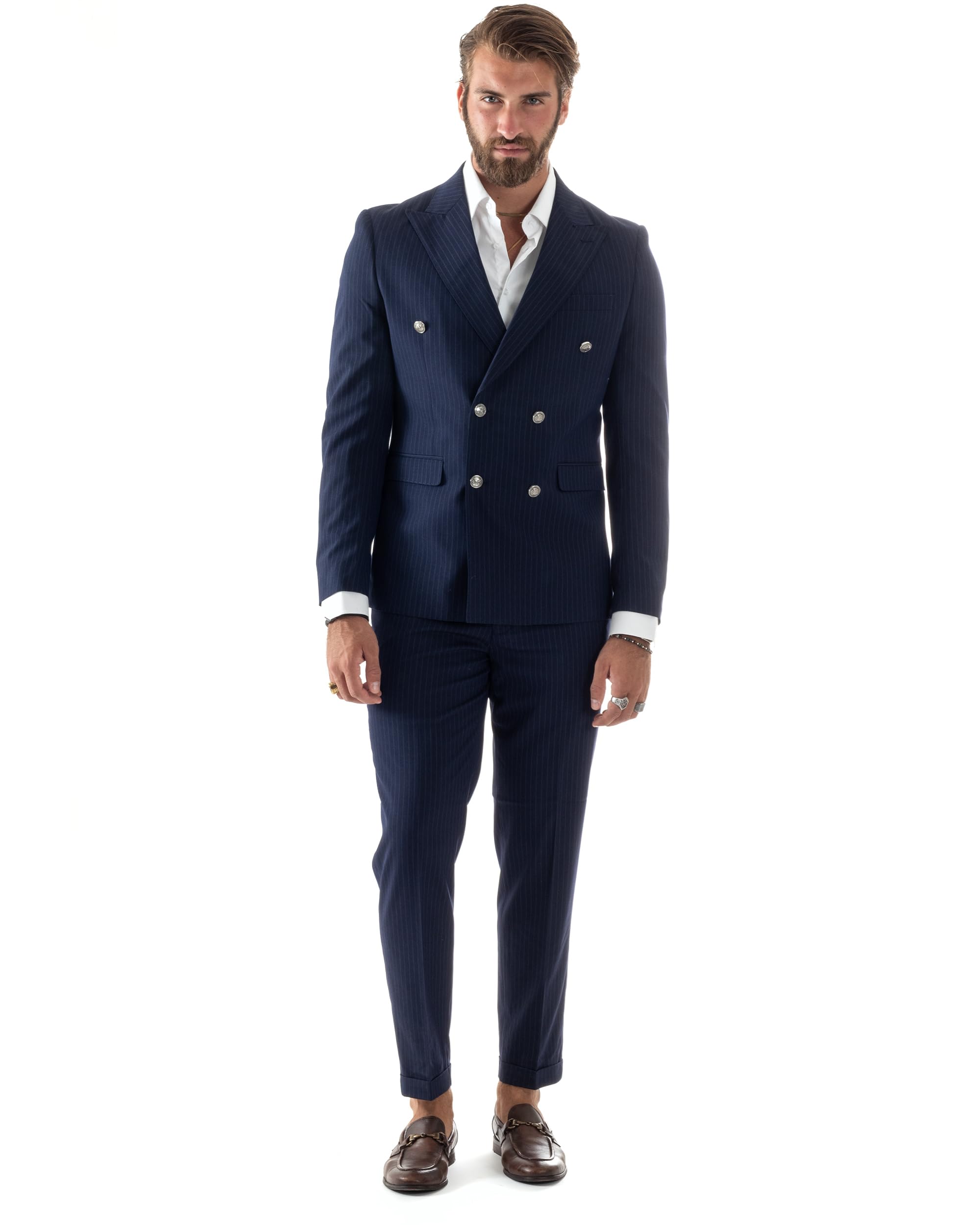 Abito Uomo Doppiopetto Vestito Completo Rigato Elegante Sartoriale Giacca Pantaloni Bottoni Metallo Fantasia Gessata Vari Colori