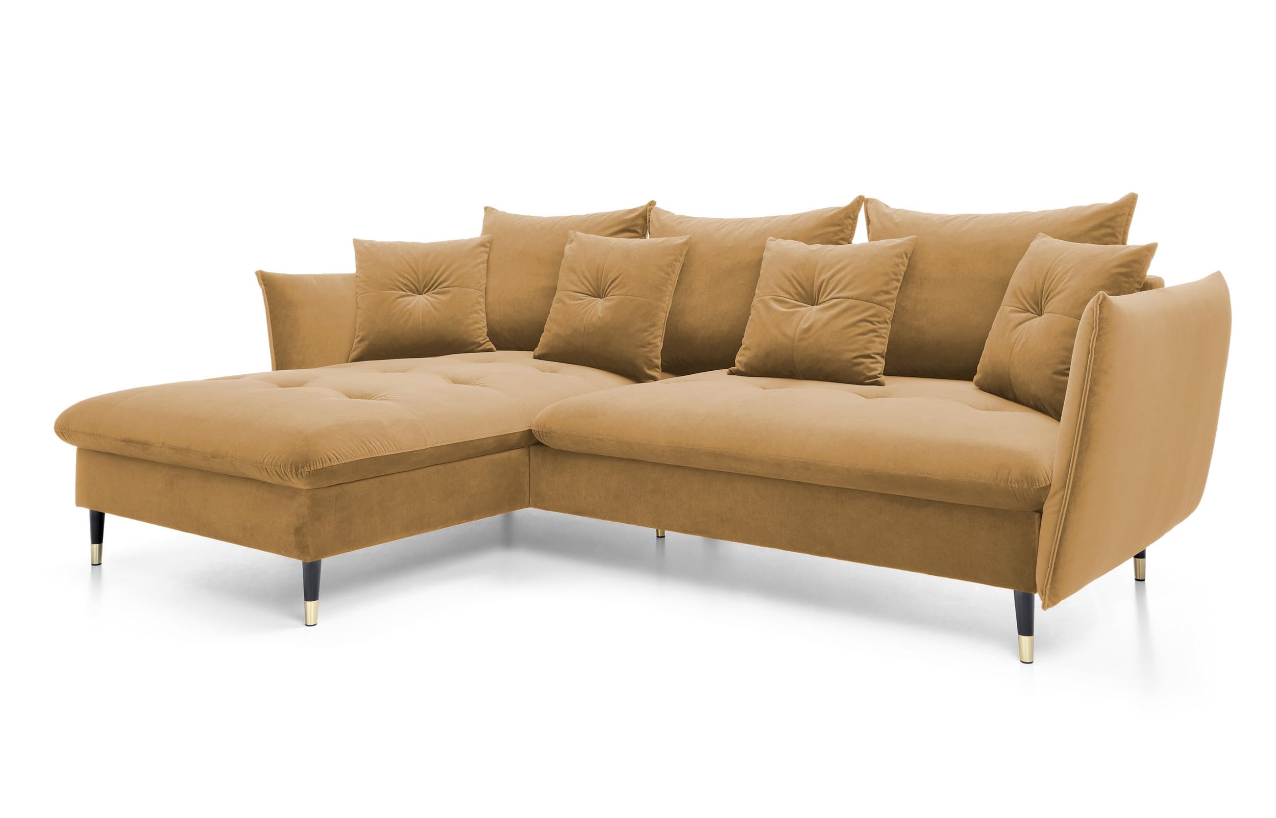 DomoHome Ecksofa Glam mit Schlaffunktion, Freistehend, Ottomane und Goldenen Füßen – Samtsofa im Glamour-Stil für Ihr Wohnzimmer, mit Zierkissen, 258x167x91cm, Linke Seite Platinum