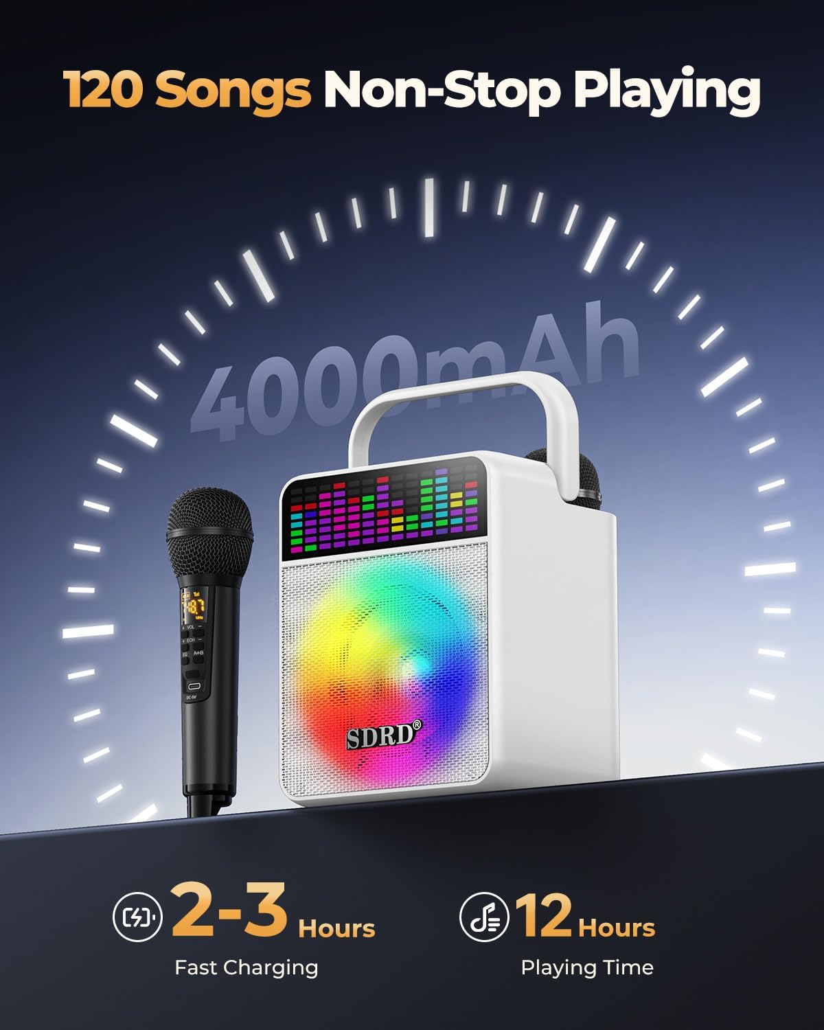 Karaoke Machine for Adults, SD-512 Bluetooth Portable Speaker with 2 Microphones, Rechargeable with LED Lights for Home Outdoor Party, Events & Gatherings, Supports USB, AUX - White - Image 5