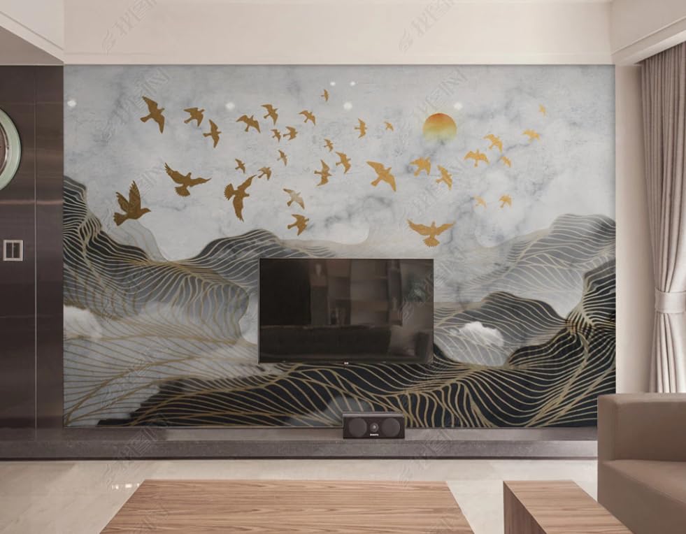 Papier peint intissé oiseau volant ligne d'or poster géant mural 350x256 cm