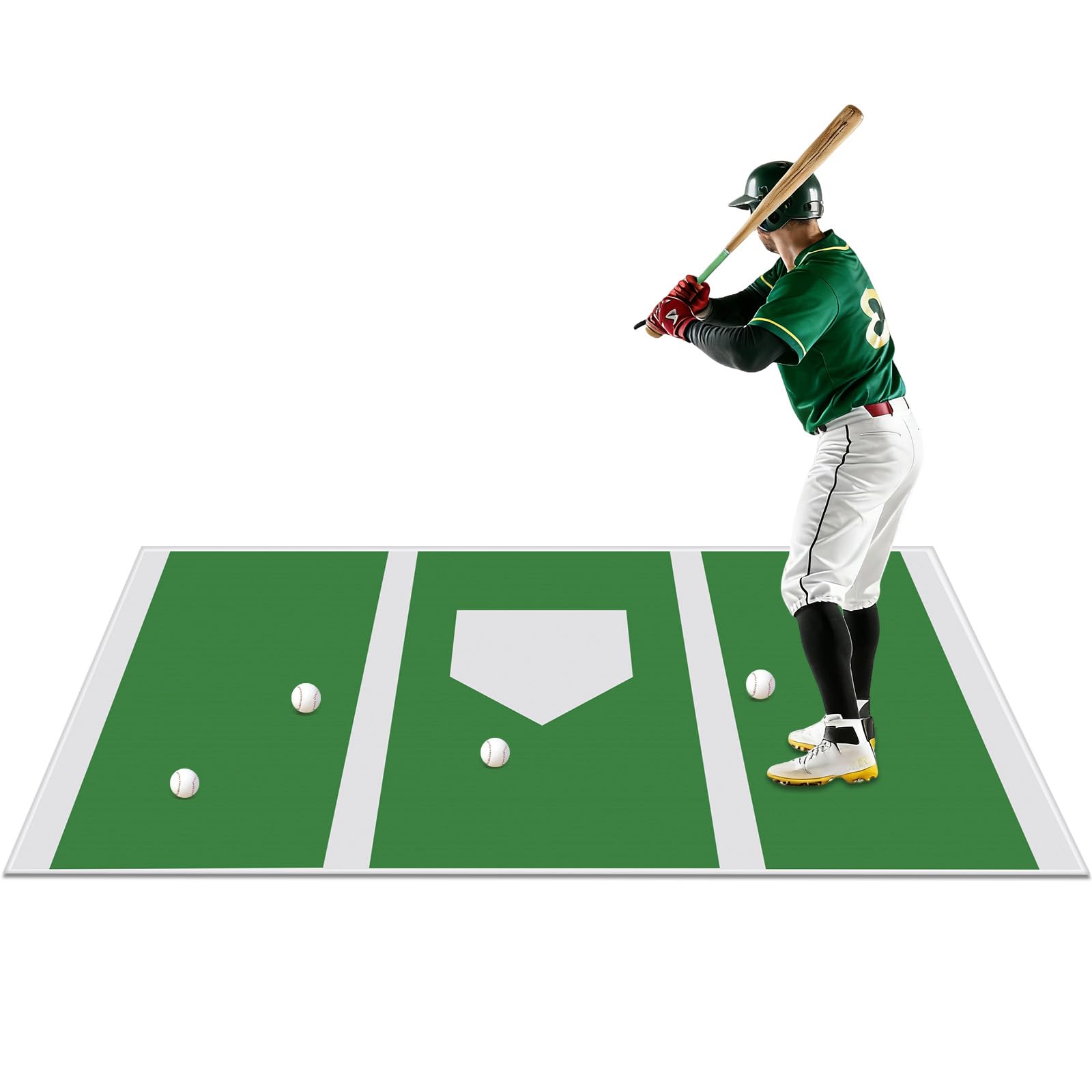 Photo 1 of 6 x 4 ft Baseball Hitting Mat with Non-Slip Rubber Backing High-Visibility Printed Stripes Cushioned Surface Durable Indoor/Outdoor Batting Mat Portable Batting Stance Practice Mat (Green)