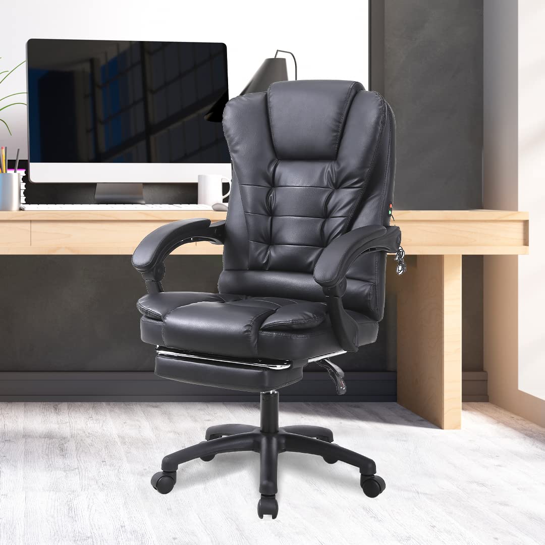 SAVYA HOME Virtue Leatherette Boss Chair with Linkage Armrest,2 Point Massage Function, Home & Office Chair| 135°Recliner Chair, Wide footrest, Study Chair, Chair for Study Table,Black