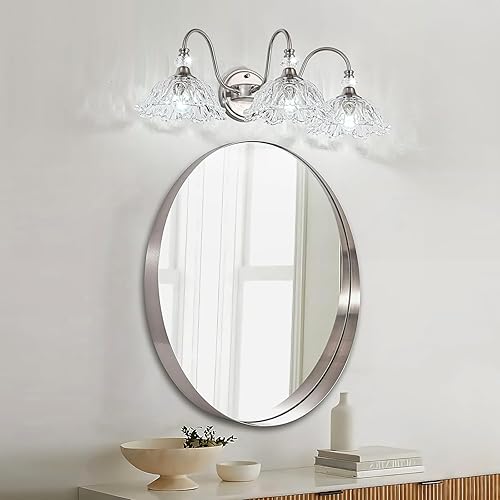 Miniatura 2 de Lámpara de tocador de baño de 3 luces de níquel cepillado con pantallas de vidrio transparente floral, iluminación de montaje en pared de níquel