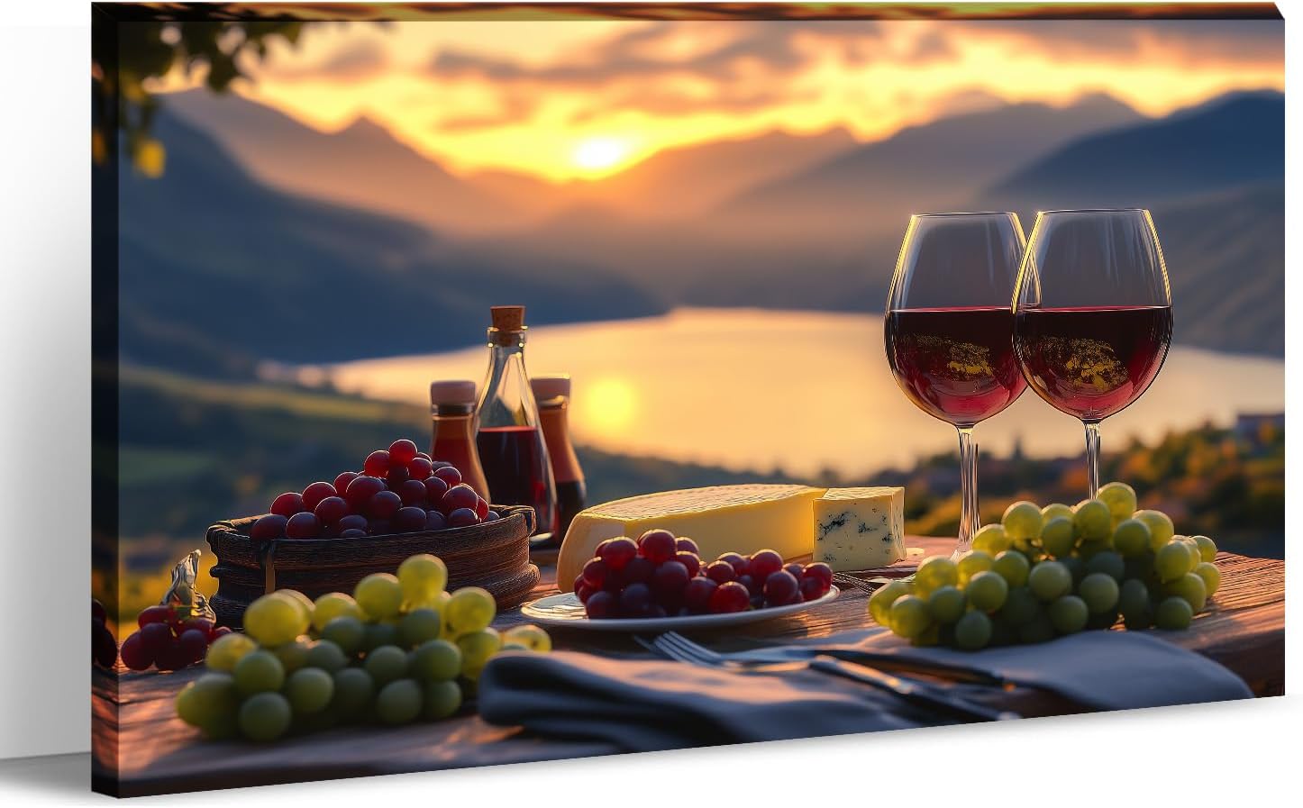 LYUNSHUO Kitchen Canvas Wall Art Wine Picture Decor Fruit Goblet Painting Prints Lakeside Sunset Landscape Romantic Poster Bar Restaurant Home Decoration Framed Ready to Hang(Art-3,28.00"x42.00")