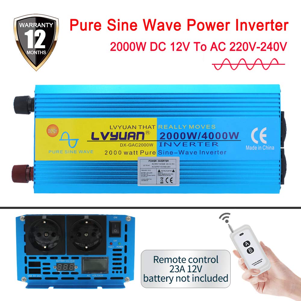 Cantonape Inverter di corrente onda sinusoidale pura 2000 w 4000 w trasformatore da 12 V a 220 V 230 V con telecomando e 2 prese e LED LCD per campeggio, tende, gite in barca