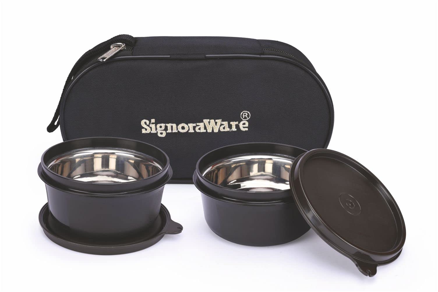 Signoraware Monarch Midday Microsafe Lunch Box | 2 Stainless Steel Containers| Insulated Fabric Bag | Leak Proof Microwave Safe | Full Meal and Easy to Carry, 500ml+350ml, Set of 2, Black