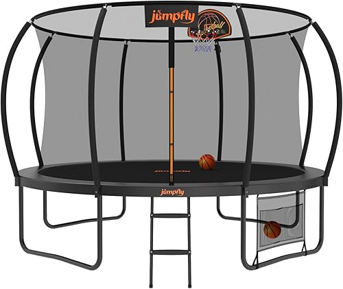 jumpfly - Trámpolines 81012141516 pies al aire libre para niños y adultos, trámpolines recreativos con aro de baloncesto, escalera antióxido,