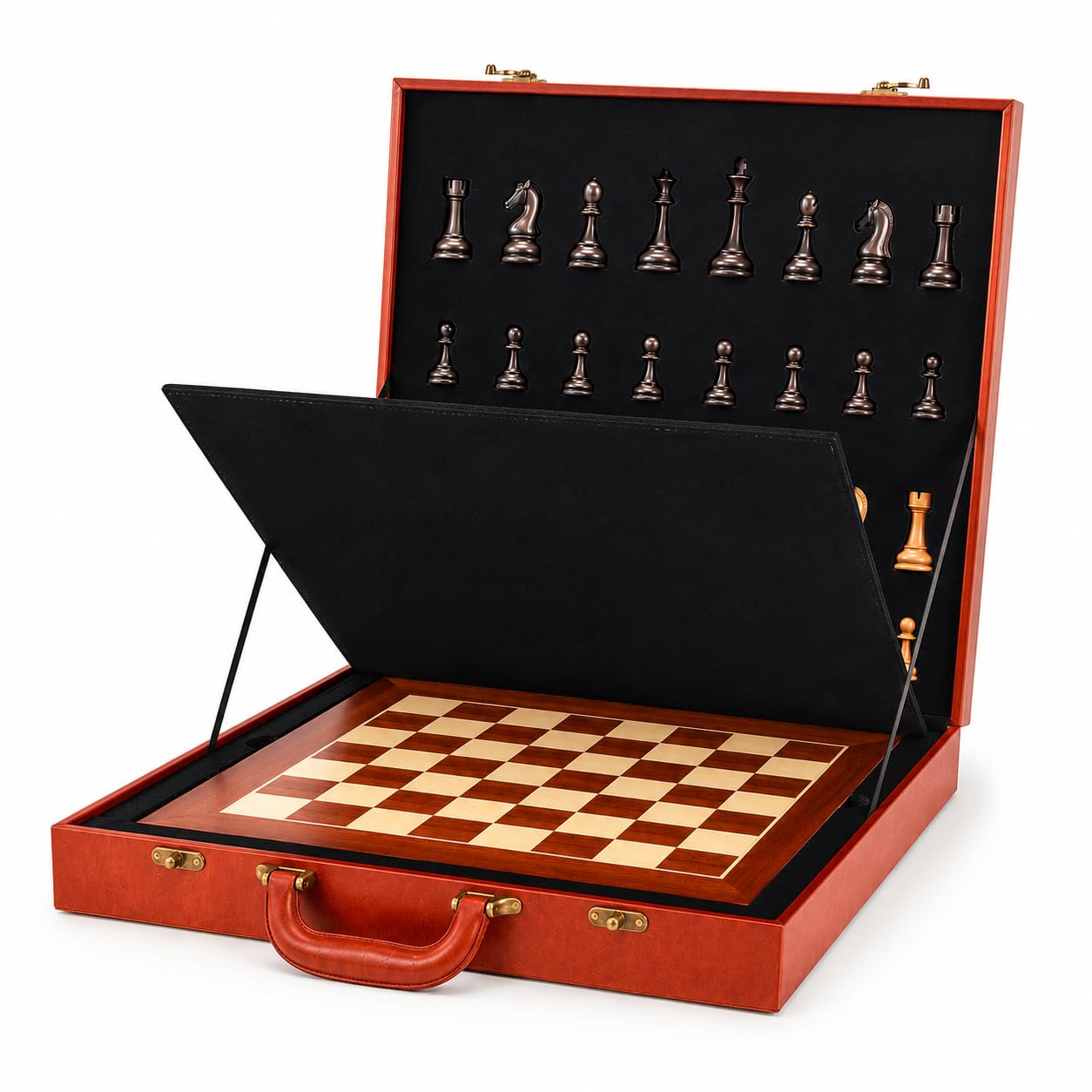 Luxuriöses Schach-Set aus Holz mit Premium-Leder-Aufbewahrungskoffer, 43,2 cm Schachbrett, handgefertigte Staunton-Steine, tragbares Reise-Schach-Set für Erwachsene und Kinder, für Familienspielabend