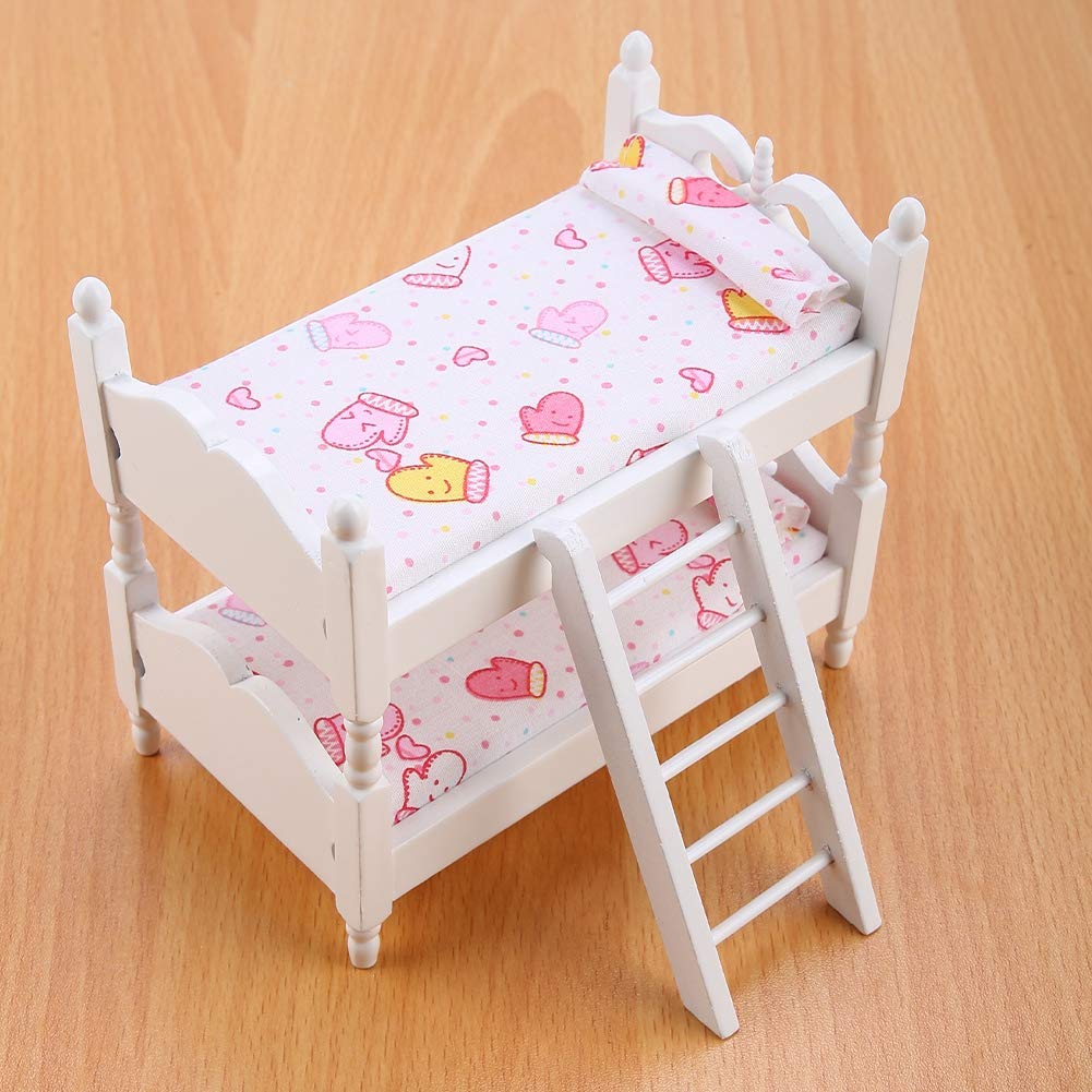 Mini meubles enfants lit superposé poupée 1:12 avec motif fraise rose double couchage Mini meubles enfants lit superposé poupée 1:12 avec motif fraise rose double couchage