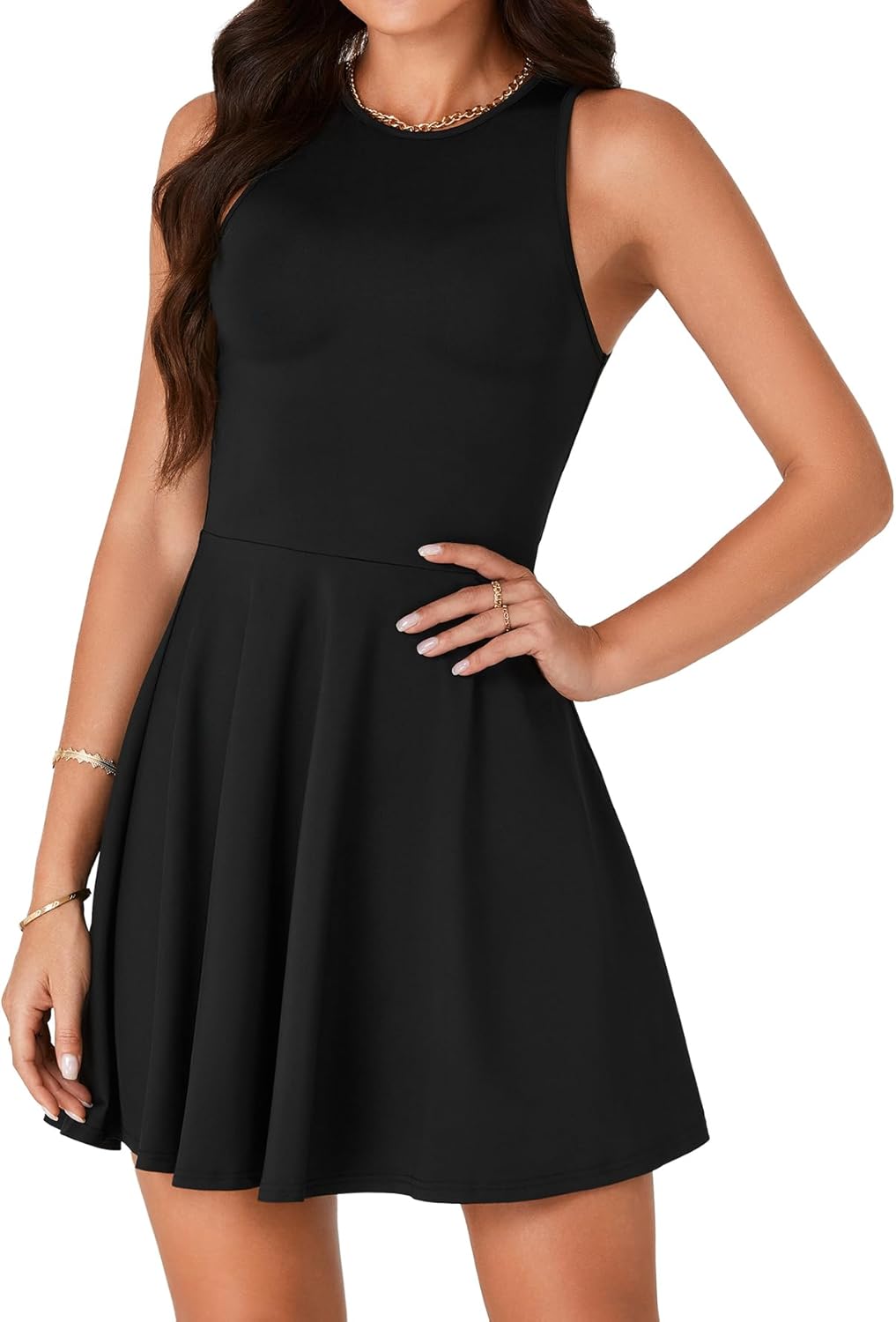 LYANER Women's A Line Tank Crewneck Swing Flared Elegant Cocktail Mini Short Tank Dress - Image 4