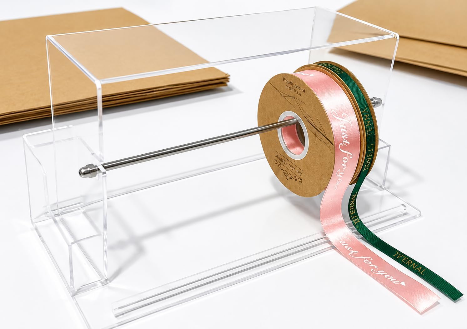 Ribbon Storage Rack - Acrylic Ribbon Spool Holder Organizer with Scissor & Tool Storage| - Ideal for Craft Room & Studios, Gift Wrapping Stations, Small Craft Shops and Boutiques - Clear