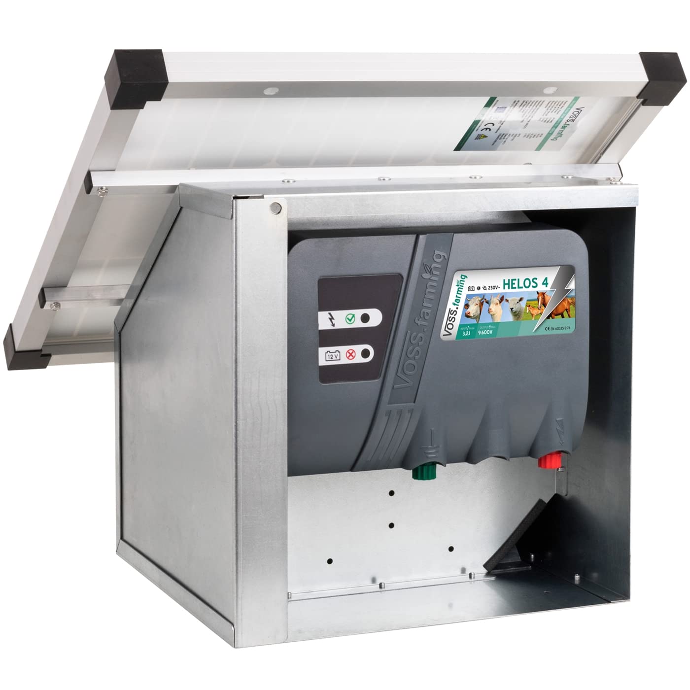 VOSS.farming Set elettrificatore recinzioni da pascolo HELOS 4 da 12 V + Pannello Fotovoltaico 35W e Scatola in Metallo