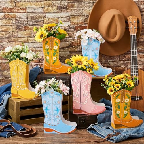 Image of 12 Set Boho Western Boots Flower Boxes Centerpiece Boot Shape Gift Boxes Party Decoration Vase Centerpieces for Tables Boots Rodeo Birthday Baby Shower Supplies(Cute Cowboy)