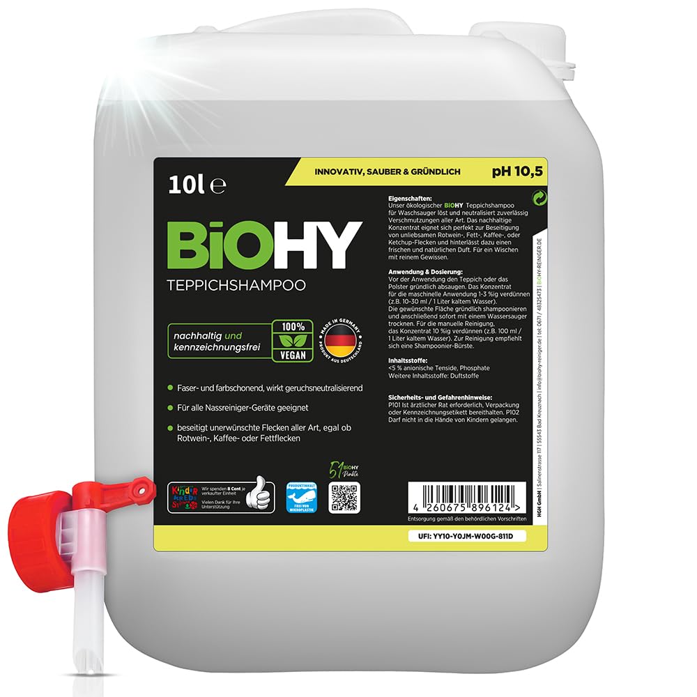 BiOHY Shampoing pour Tapis (Bidon de 10l) + Robinet | Concentré de nettoyant pour tapis | idéal pour enlever les taches tenaces | bien toléré par les animaux (Teppichshampoo)