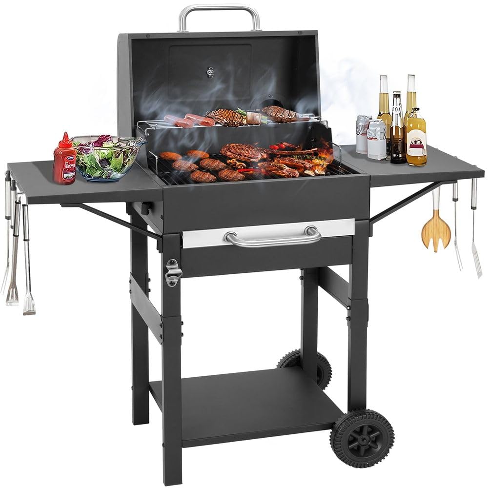 Duży grill, 110 × 35 × 110 cm Składany grill i kemping na piknik, ogród, taras i podróże, grill ze stali nierdzewnej na zewnątrz (czarny)