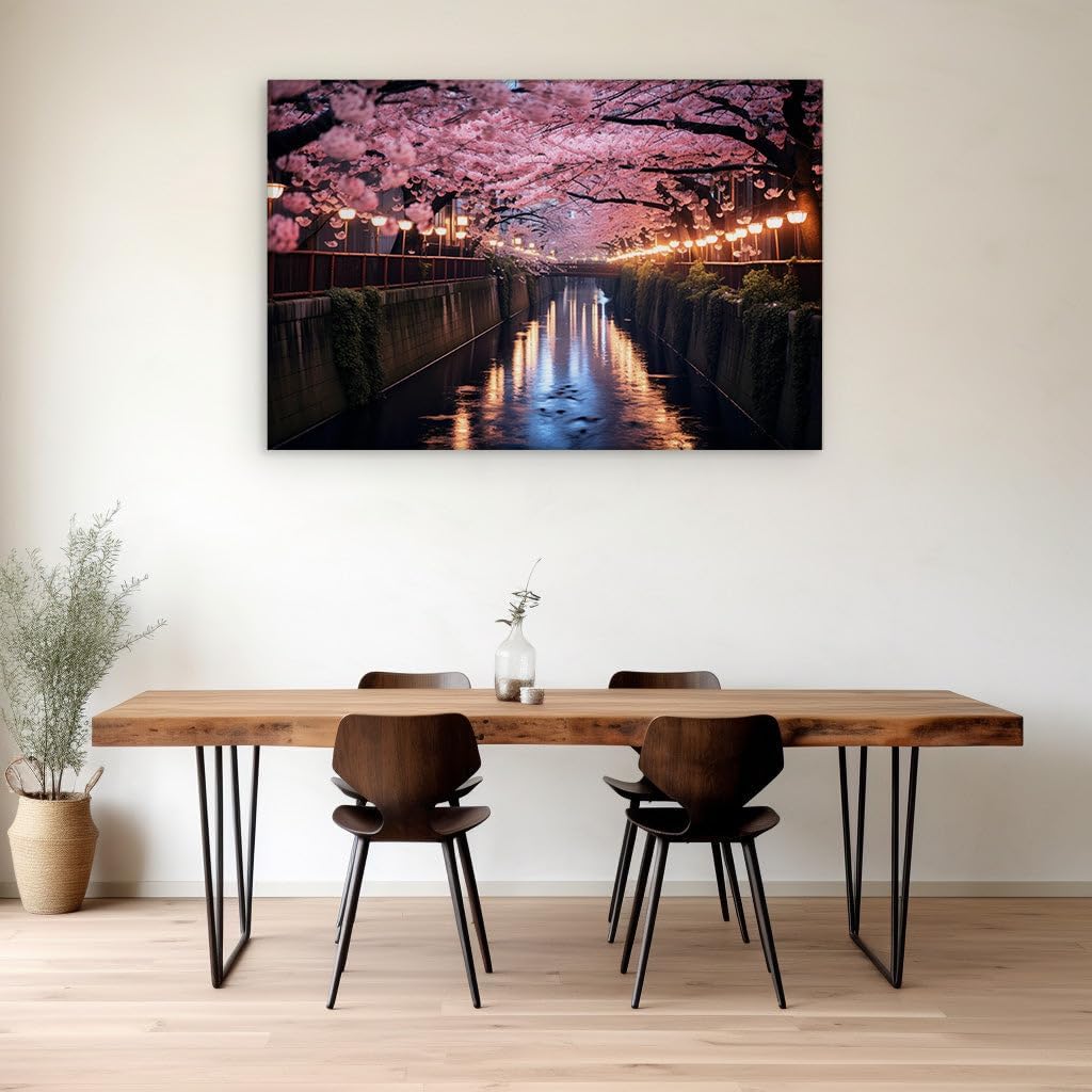Canvas for Living room. Illuminated Grace: Cherry Blossoms Along The Nighttime River, 27 x 18 inch Canvas Wall Art - Contemporary Masterpieces - Modern Home Decor