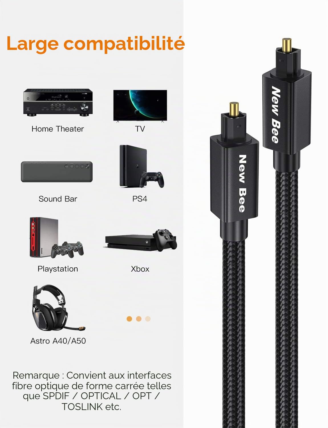 New bee Toslink Câble audio optique numérique pour barre de son LG/Samsung/Sony/Philips, système HiFi, stéréo, home cinéma, systèmes audio (1 m)