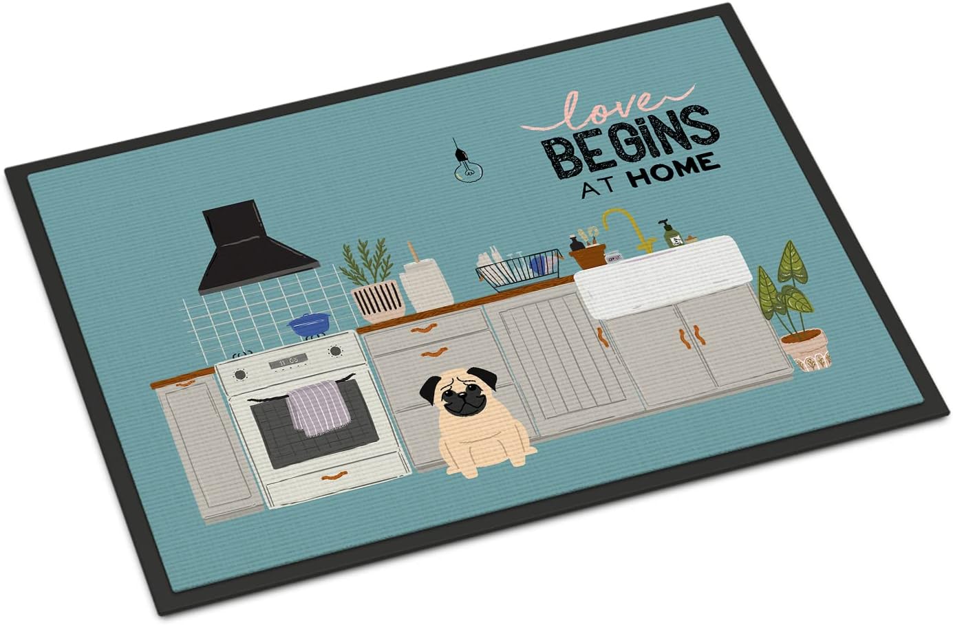 Caroline's Treasures CK7712MAT Fawn Pug Kitchen Scene Doormat 18x27 Front Door Mat Indoor Outdoor Rugs for Entryway, Non Slip Washable Low Pile, 18H X 27W