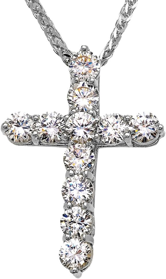 Elegant Sterling Silver 7 Carat Round Cubic Zirconia Cross Pendant Necklace (Large)