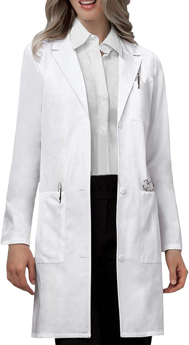 Womens Medical Lab Coat Three Pocket Long Sleeve Button Front White