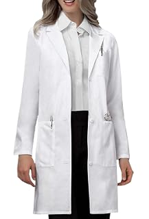 VOGRYE - Abrigo de laboratorio médico para mujer, tres bolsillos, manga larga, botón frontal, color blanco | Mezcla de poliéster lavable a máquina, manga larga, botón frontal y tres bolsillos para laboratorio y ropa de trabajo