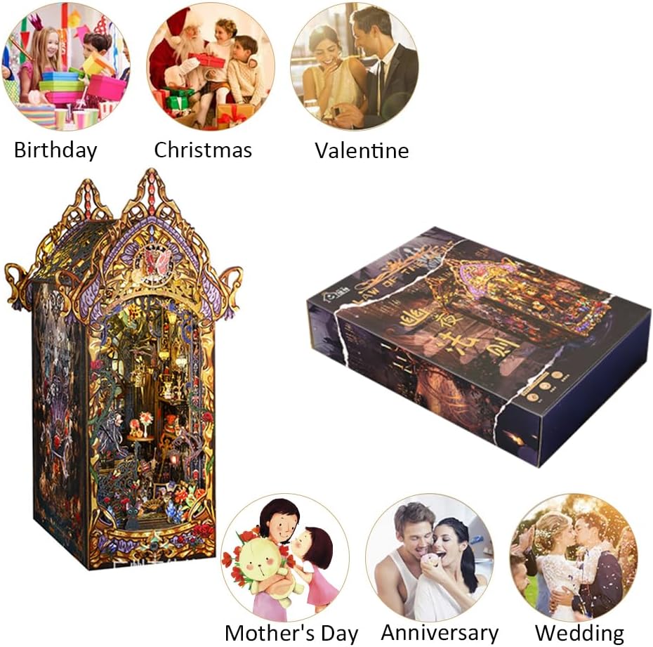 DIY Book Nook Miniature Kit, DIY Manual Book Stand for Bookshelf Insert Decor, 3D Wooden Puzzle Booknook Miniature Kit for Creative Assembled Bookends for Romantic Gift (Law of The Night)