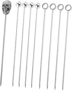 9pcs Stainless Steel Cocktail Picks Set with Skull, Ring, and Ball Designs, Fruit Sticks and Bar Decoration for Parties and Home Bartending