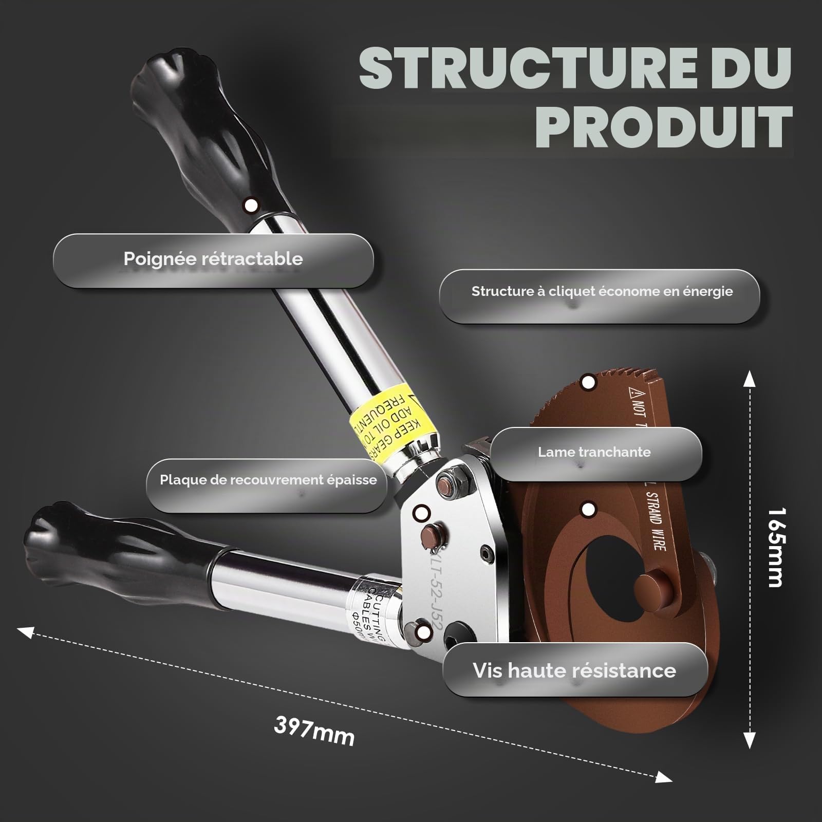Newtry coupe-câbles à cliquet robuste pour le découpage de câbles blindés en cuivre/aluminium jusqu'à 500 mm². Outil de découpe de fil efficace (J52)
