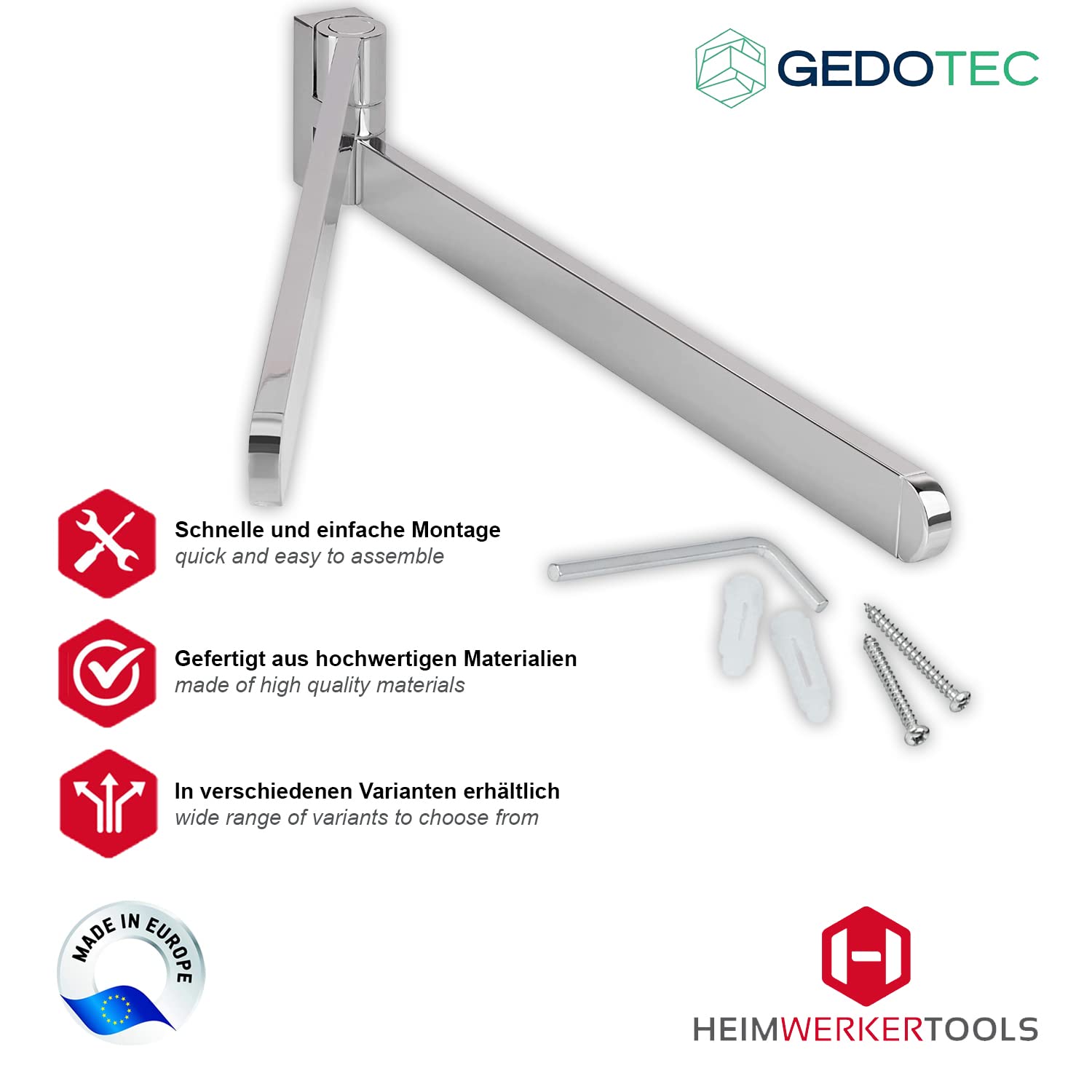 Gedotec - Portasciugamani doppio da bagno orientabile, modello OCEAN, a 2 bracci, di metallo cromato lucido gancio per asciugamani da parete, lunghezza 400 mm