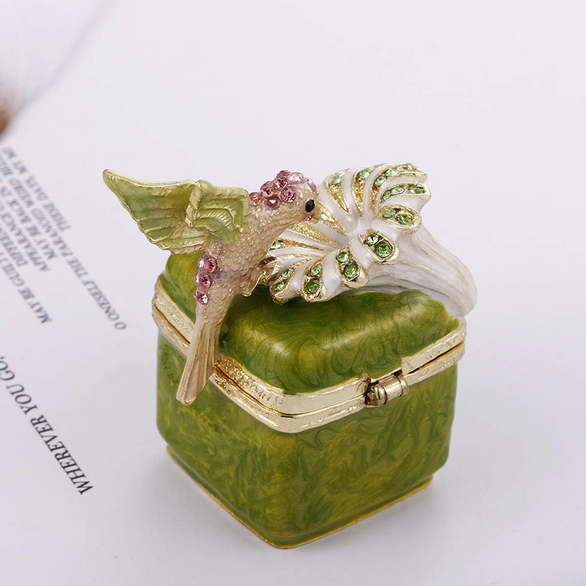 Hand Painted Enamel Hinged Trinket Box, Unique Mini Ring Necklace Jewelry Organizer, Classical Antique Bejeweled Storage, Figurine Collectible Keepsake Home Decor (Hummingbird on Box) - Image 4
