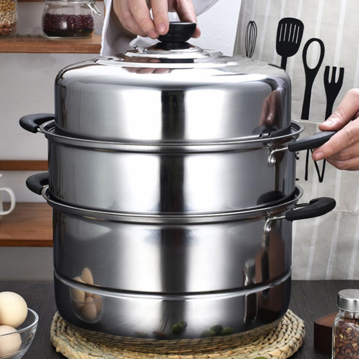 jojofuny Vaporera de Acero Inoxidable Utensilios de Cocina para Cocinar al Vapor Hogar de 3 Capas Resistente a Altas Temperaturas Color Aleatorio para Cocina a Gas