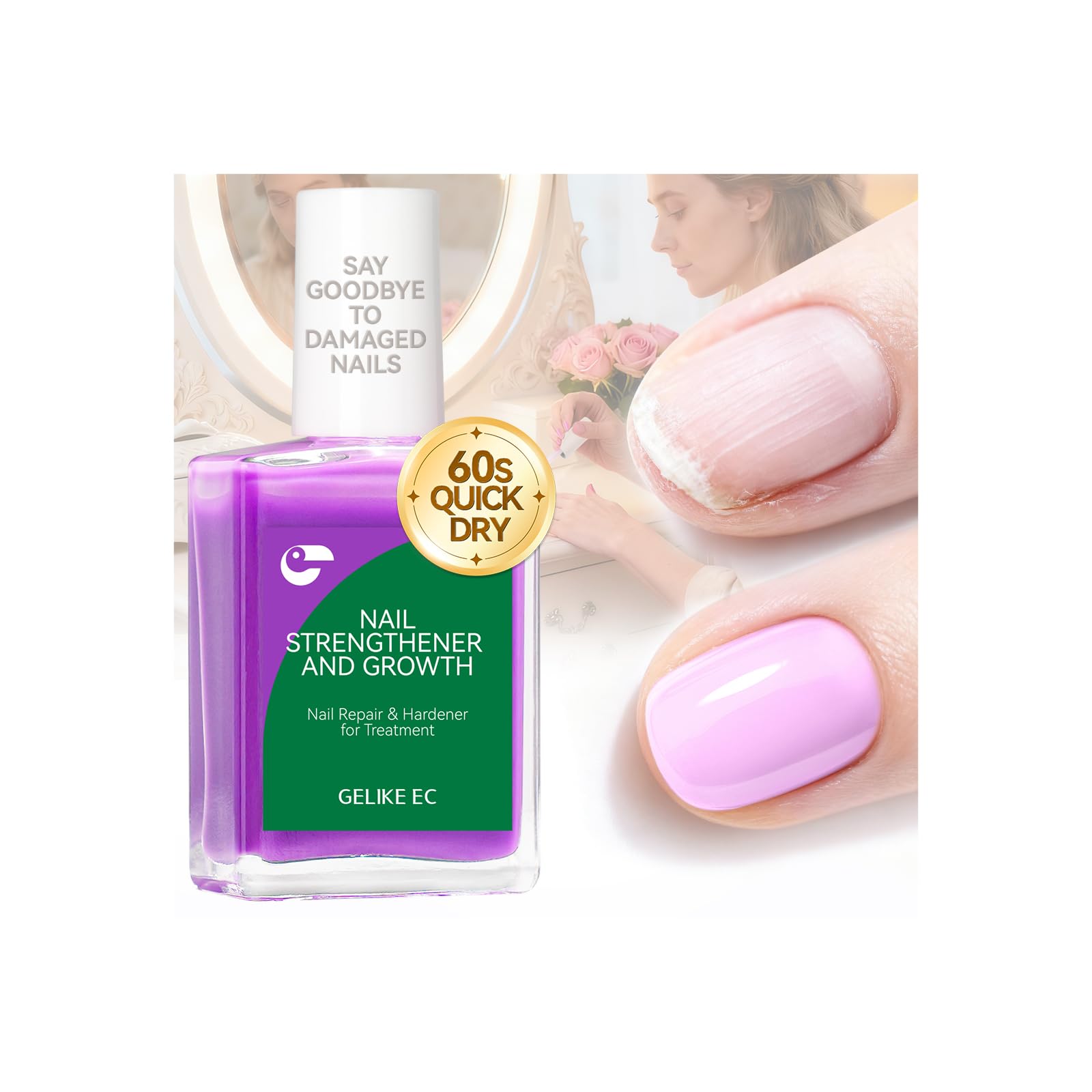 Nail Strengthener and Ridge Filler for Women: Milky Purple 15ml Protein Nail Hardener Extra Strong and Growth for Damaged Nails - 6 in 1 Natural Nails Polish Hardener for Home Salon Women Daily Care