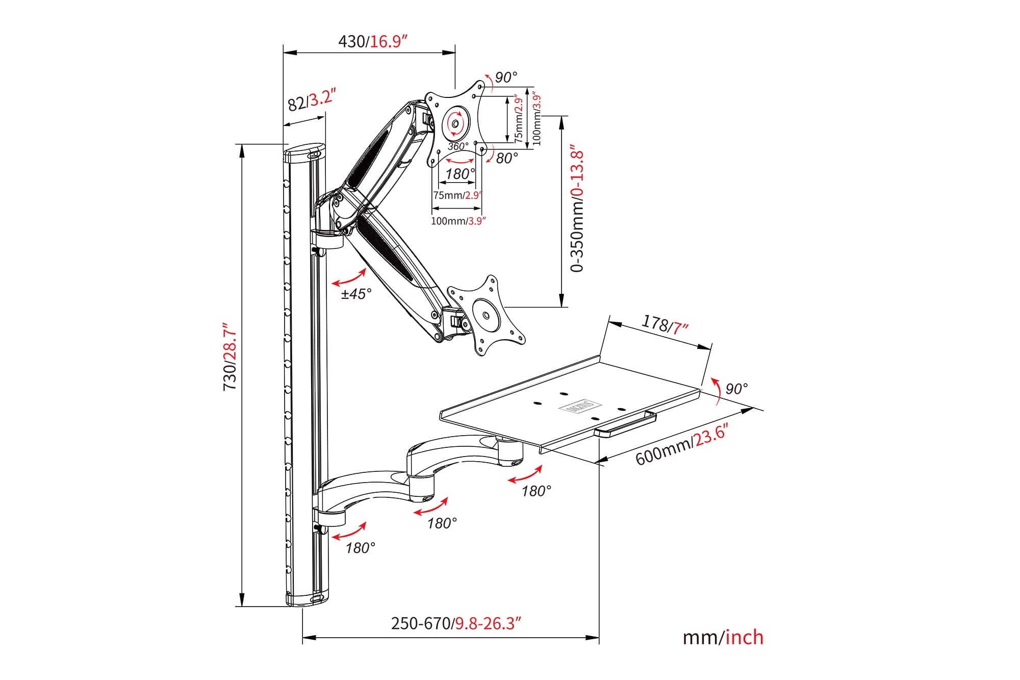 Digitus Arbeitsplatz (monitor - Tastatur - Maus) Wandmontage - 81,3 Cm (32" ) - 8 Kg - 100 X 100 Mm - H?henverstellung - 4,05 Kg - Schwarz - Wei? (da