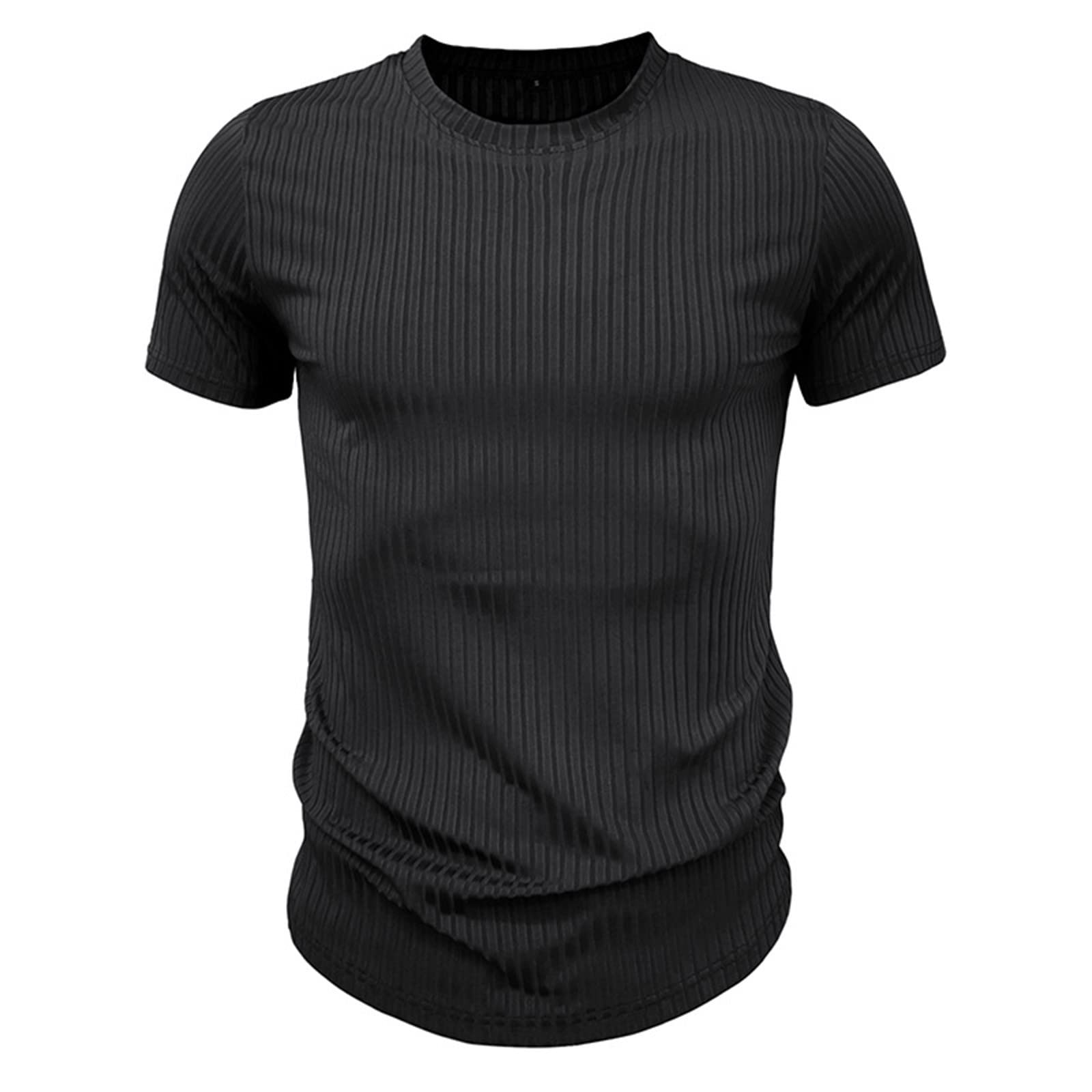 Mens Ribbed Knit Shirts Short Sleeve Crewneck Solid Basic Tee Tops Stretch Slim Fit Comfy Lightweight Workout T-Shirt