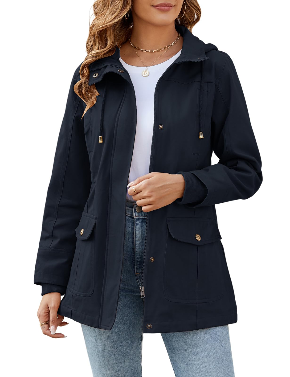 Oleda Spring Utility Jackets for Women Casual Parka Coats Anorak Military Drawstring Waist Cotton Overcoat with Pockets