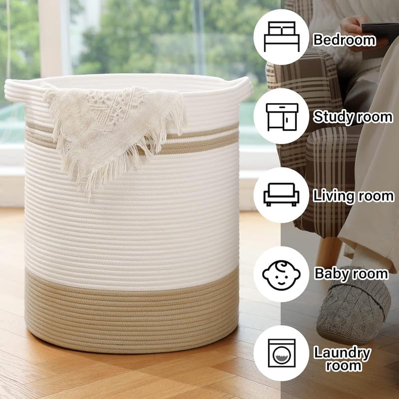 Image of Storage Rope Laundry Hamper Basket for Clothes, Towels and Blankets in Livingroom, Bedroom, Laundry Room and Basket for Nursery Storage (Size - 14 inch x 14 inch x 16 inch) (Beige White Stripe)