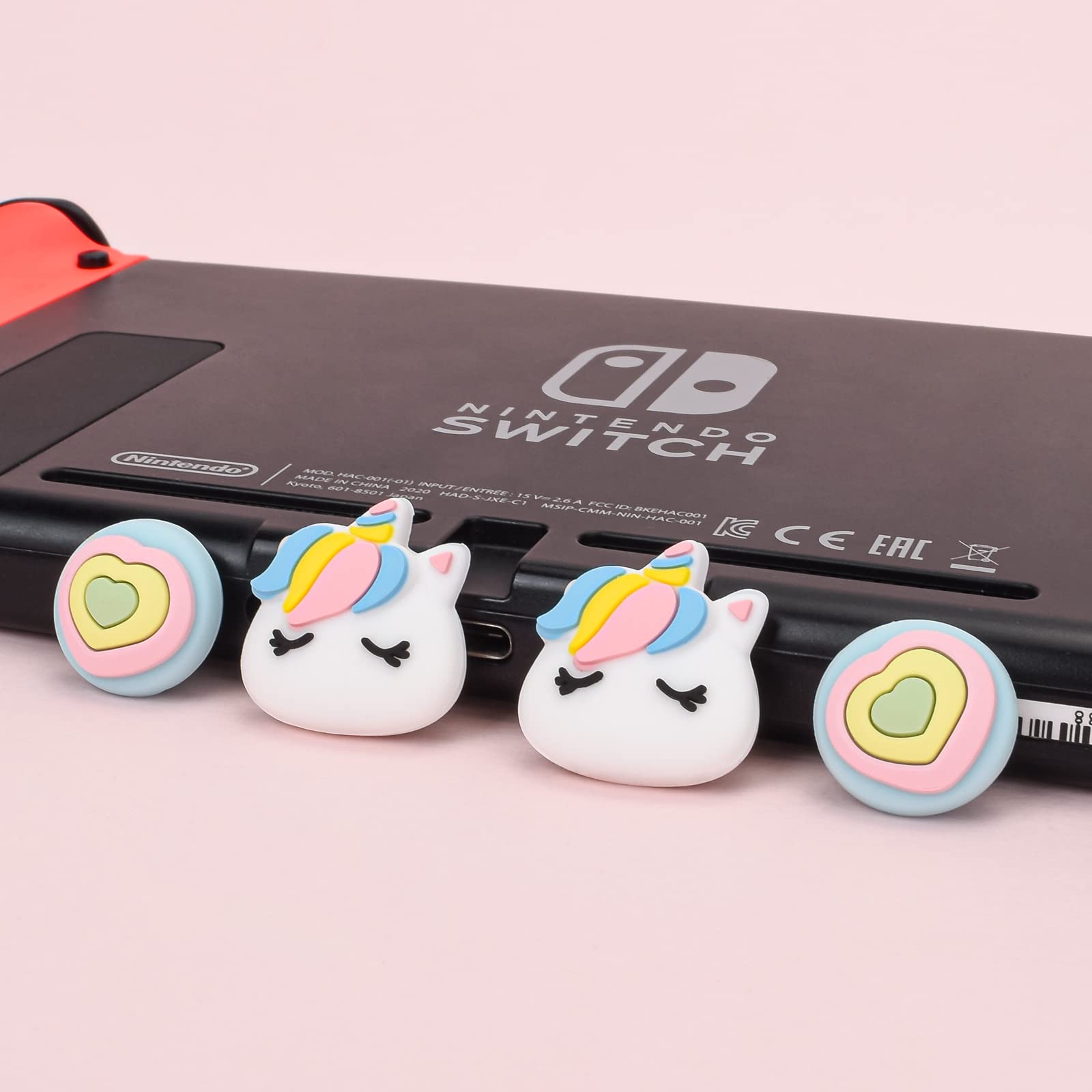 DLseego Cute Pony & Love Heart Lot de 4 capuchons de pouce pour Switch Lite/OLED, en silicone souple, coque de protection analogique Joy Con Stick, arc-en-ciel