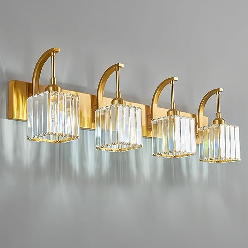 Luces de tocador de cristal de 4 luces doradas para baño, modernas lámparas de baño de cristal sobre espejo de 32.67 pulgadas de largo para baño