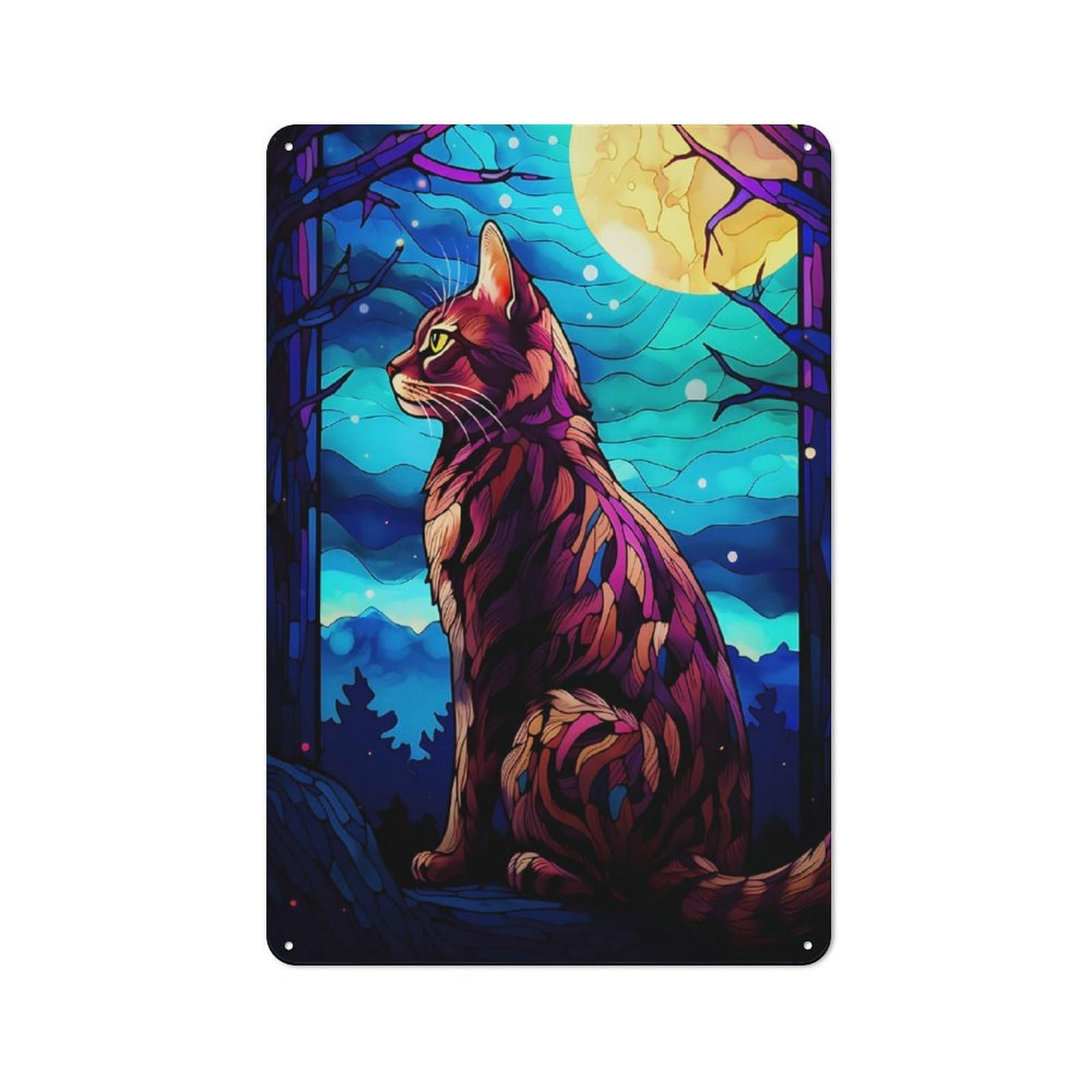 Junmoney Bengal Cat And Moonlight For Studio Or Craft Room, Retro-Style Tin Sign 30X20cm, For Metal Sign Collectors, For Garage And Workshop Walls