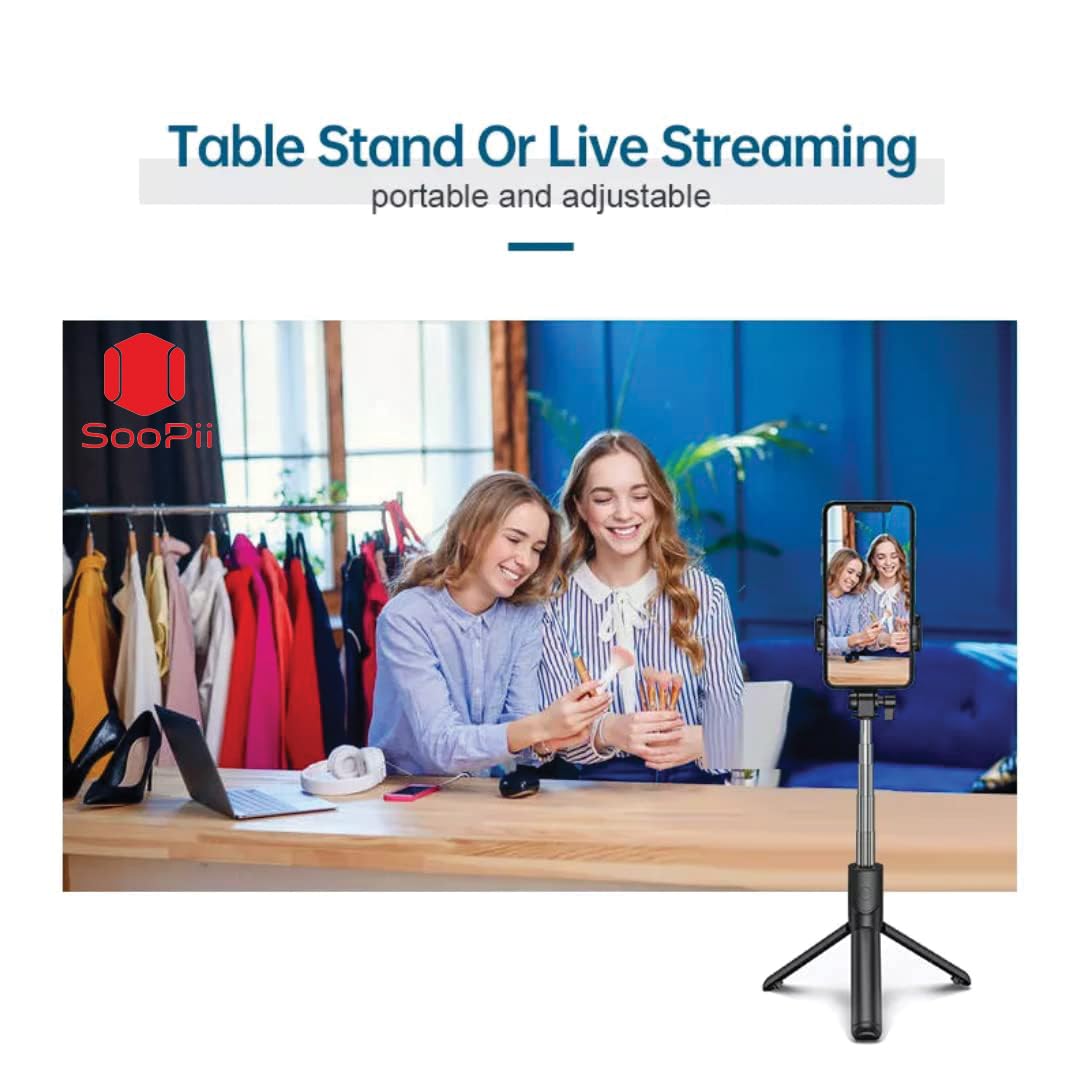 SOOPII 3-in-1 Selfie Stick with Bluetooth Remote, Foldable Tripod Stand, Compact & Extendable Upto 70 cm / 27.5 inches Mobile Stand Holder for iPhone and Android Devices — Amazon image 4