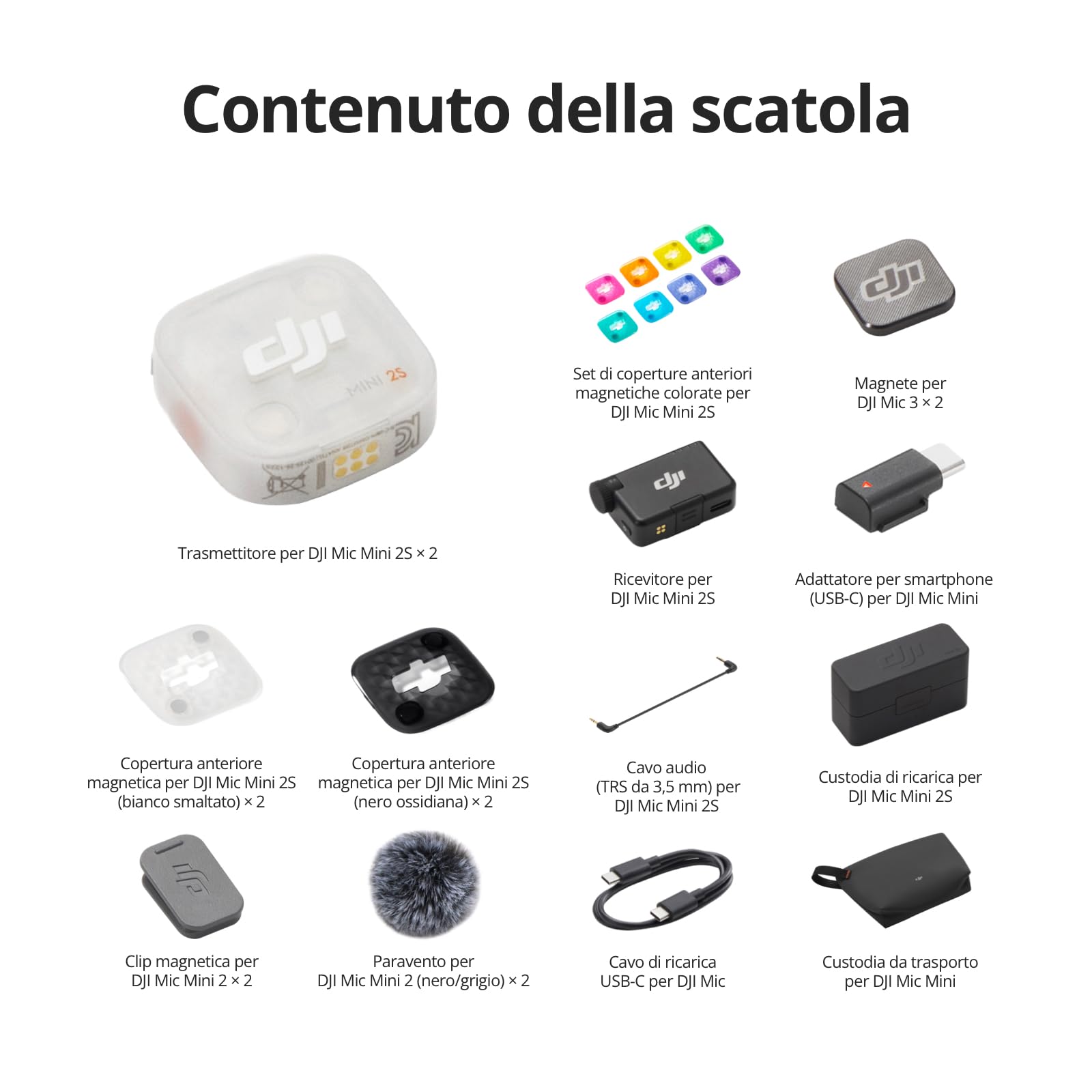 DJI Mic Mini 2S (2 TX + 1 RX + custodia di ricarica), riduzione rumore IA | Microfono Bluetooth, 28 ore di archiviazione interna, registrazione interna in float a 32 bit, leggero e compatto