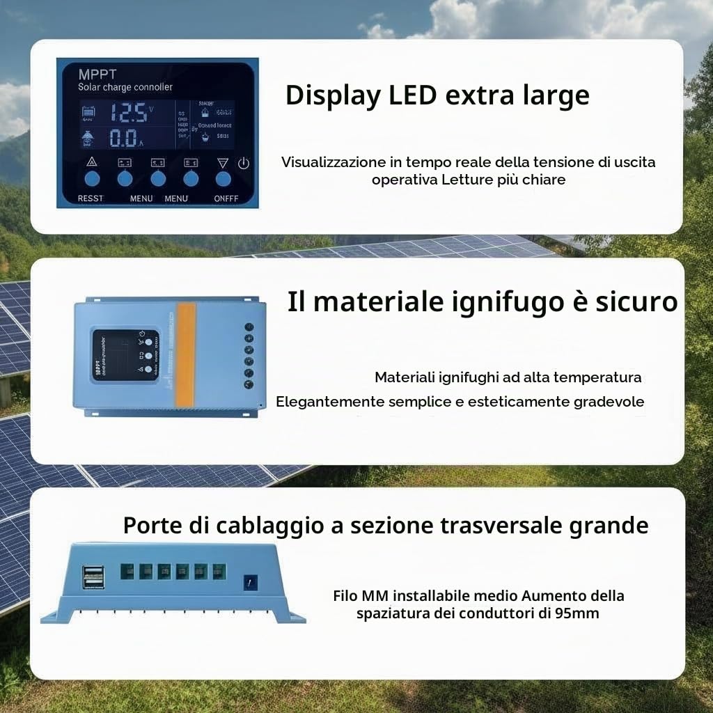 Regolatore di carica solare 150A 12V 24V 36V 48V Indicatore LCD di riconoscimento intelligente Regolatore intelligente della batteria Ingresso massimo 100V Doppio USB per batterie al piombo/litio