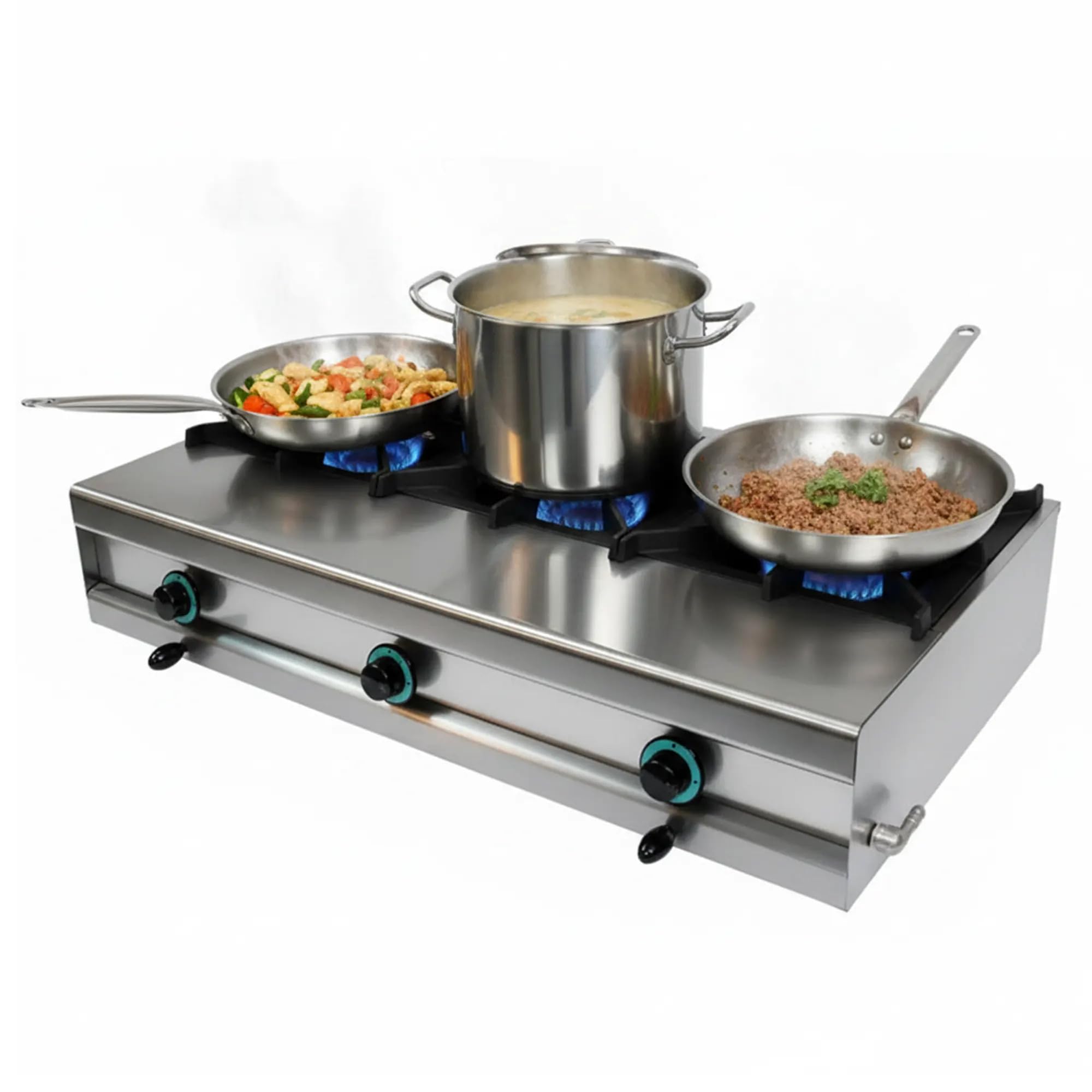 MBH - Cocina a Gas Profesional con 3 fogónes de sobremesa y alta potencia para cocina industrial de bar, restaurante, food trucks, hostelería y catering.