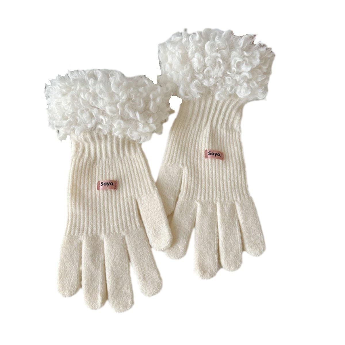 Smed Unisex White Women's Lamb Wool Knitted Gloves Warm And Cold-Proof Touch Screen Finger Gloves,