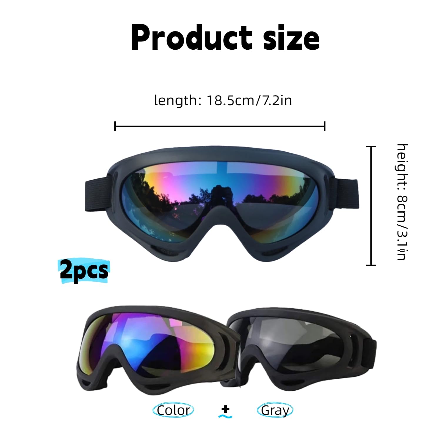 Lot de 2 paires de lunettes de ski et snowboard - Anti-poussière - Pour motocross - Protection UV - Anti-buée - Compatibles avec casque - Pour ski, moto, vélo, etc