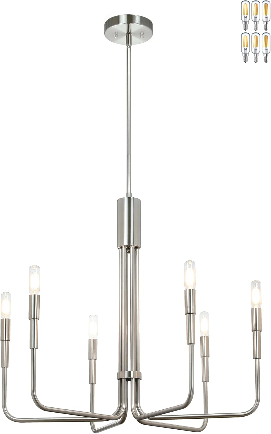 XiNBEi Lighting Chandelier Pendant Light, Nickel Chandeliers Modern Adjustable Hanging Ceiling Light for Living & Dining Room XB-C1213-6-BN