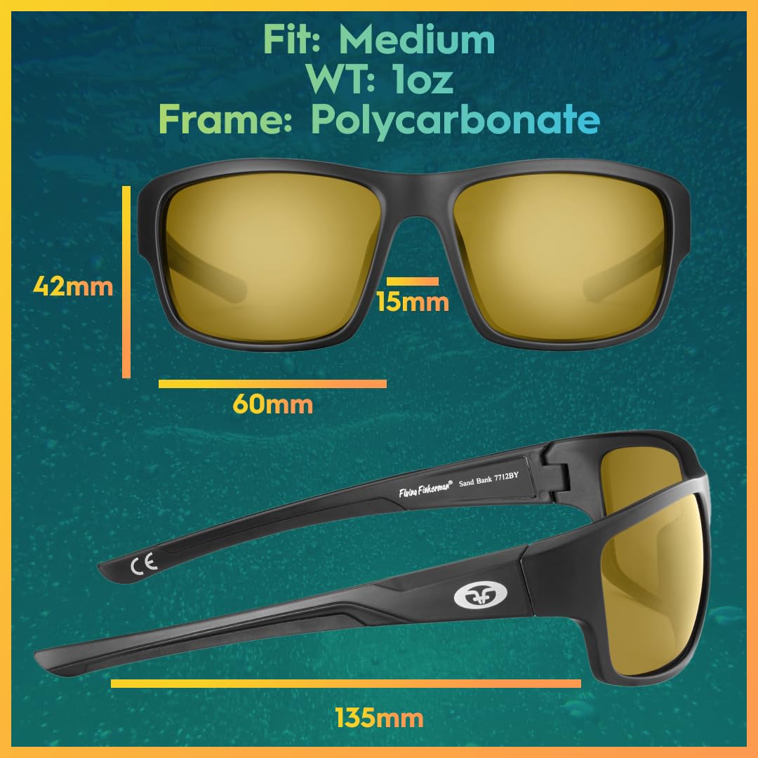 Flying Fisherman Sand Bank - Lentes de sol rectangulares polarizados, negro mate/amarillo ámbar, talla M
