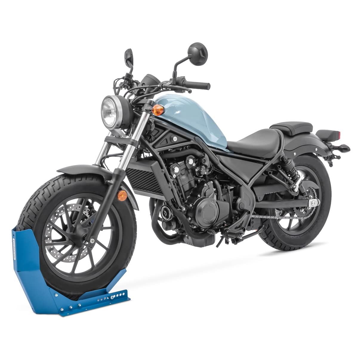 ConStands Easy Transport Fix - Motorrad Wippe Royal Enfield Bullet,Classic 500,Continental GT 535,Himalayan für Anhänger Vorderrad Transportständer Motocross Roller Blau