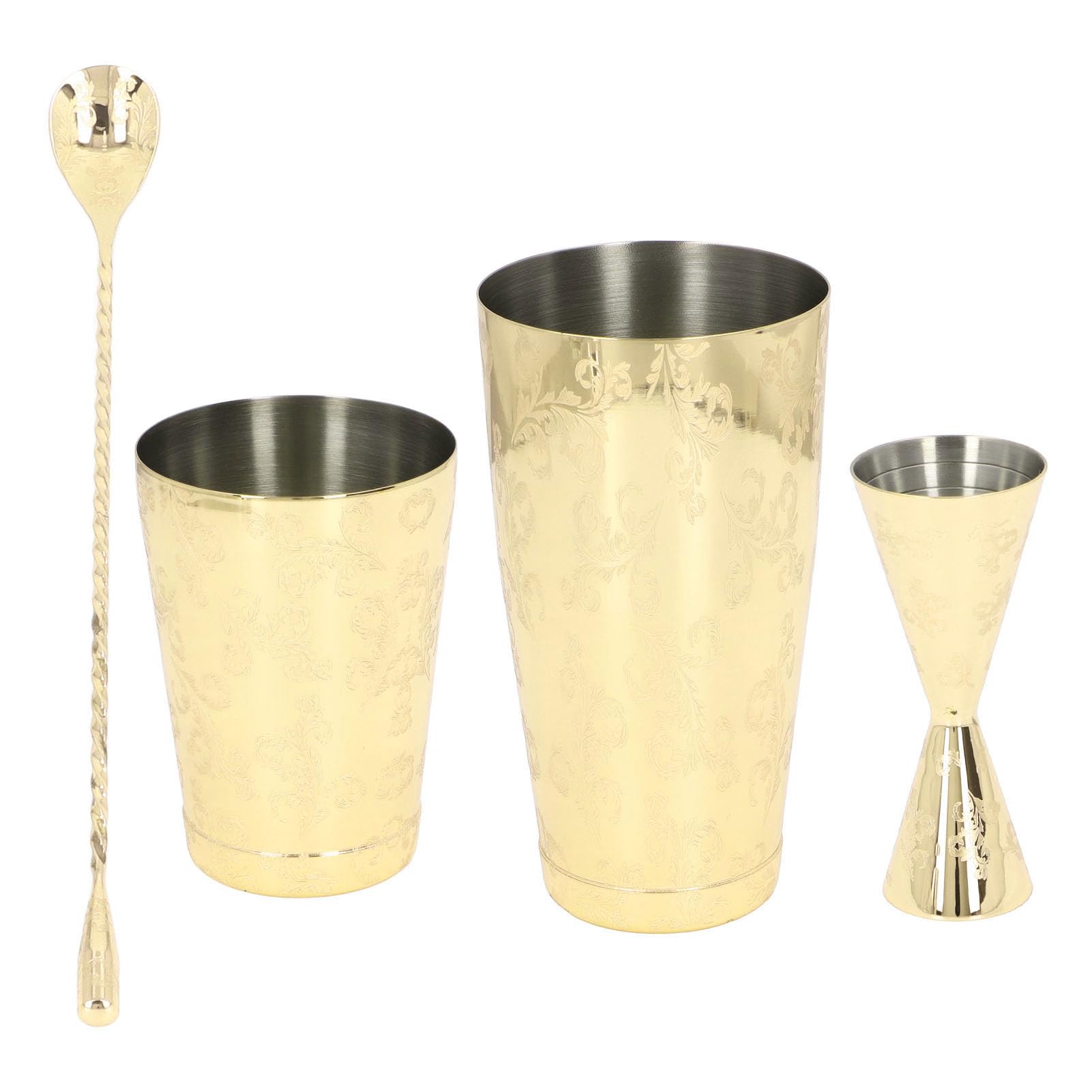Kavolet Juego de Coctelera Boston de Acero Inoxidable 304 (Conjunto 3) | Kit de barman profesional de diseño Vintage para cócteles, con colador, cuchara para barra Jigger, juego de coctelería para